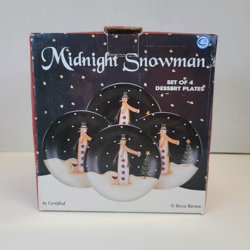 Midnight Snowman Becca Barton Dessert Hand Painted Plates 8" Diameter CIB Set 4